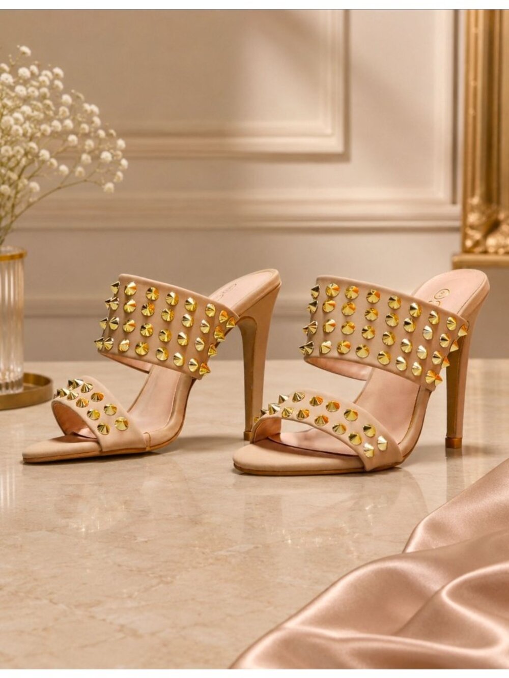 Studded Taupe High-Heel Sandals With Gold Accents & Open Toe Design